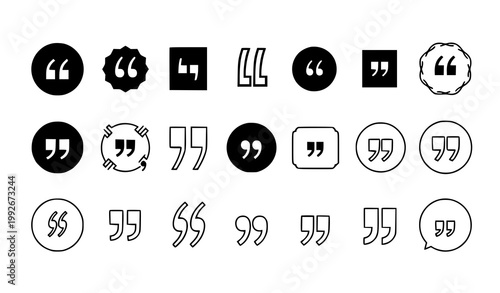 Quotation mark icon set with outline and silhouette quote symbols for testimonial and editorial design isolated on white background