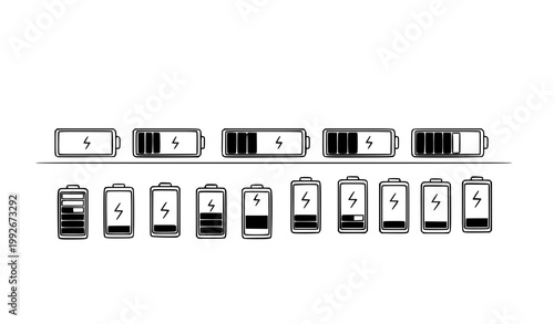 Minimal battery icons vector collection with charging level indicators in outline style isolated on white