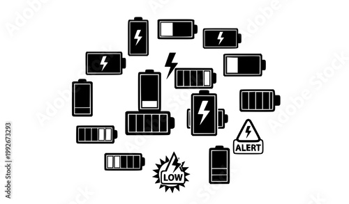Battery charge icon set with full empty and charging symbols including power indicators isolated on white background