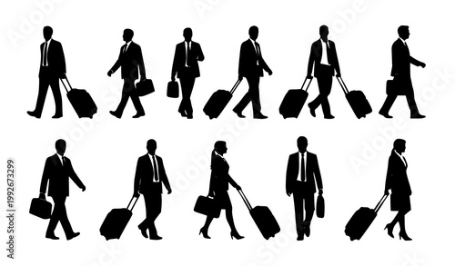 Business travelers silhouette vector set with men and women walking with luggage bags isolated on white background