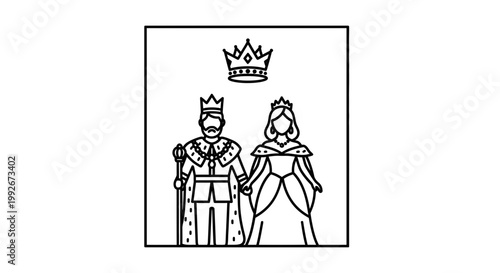 King and Queen Royalty Icons, Royal Couple, Monarchs with Crowns and Scepters, Regal Symbols