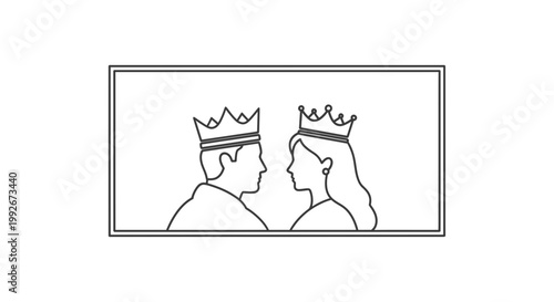 King and Queen Silhouette Profile View Wearing Crowns, Royal Couple Facing Each Other