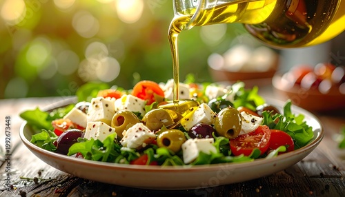 Drizzling extra virgin olive oil onto a fresh Greek salad with feta cheese