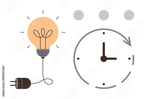 Creativity, time management, productivity, innovation, energy saving, planning. A glowing lightbulb connected to a plug alongside a minimalistic clock icon. Creativity and time management