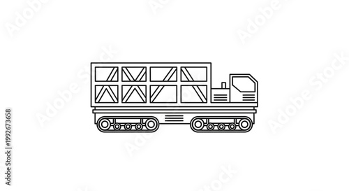Line art illustration of a tracked vehicle with a cargo container, isolated on white background.