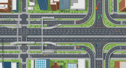 Aerial view of a complex highway interchange with multiple lanes and ramps.