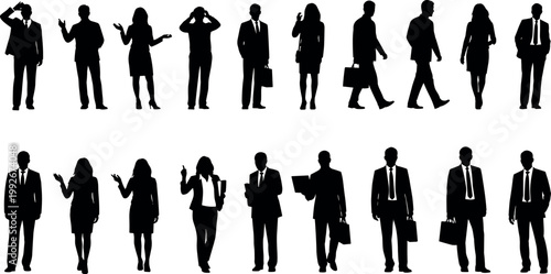 Set of professional business men and women vector silhouettes standing and walking together representing corporate teamwork and modern office concepts