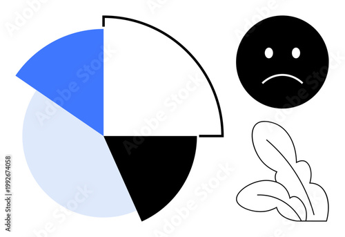 Business data, statistics analysis, emotional response, decision-making, mental health impact, sustainability. Abstract pie chart with a sad face and leaves. Business data and emotional response