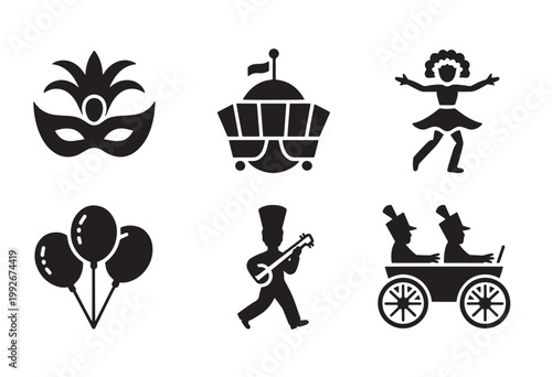 A group of black icons illustrating Mardi Gras parade elements such as masks, floats, dancers, and musicians