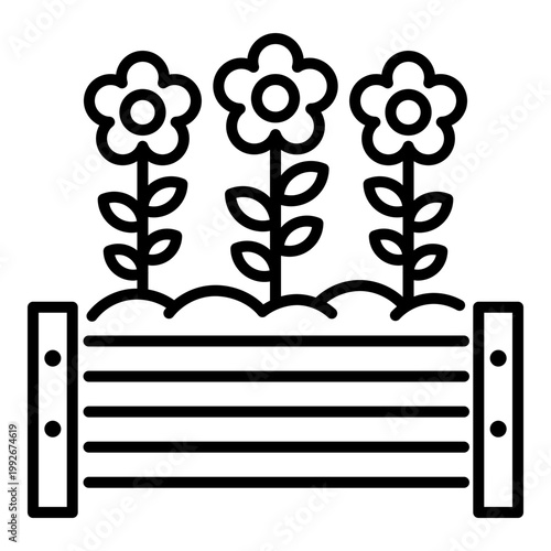Flower bed icon, symbolizing gardening, landscaping, blooming plants, and park decoration. Simple line outline vector for garden, spring, and nature-themed design.