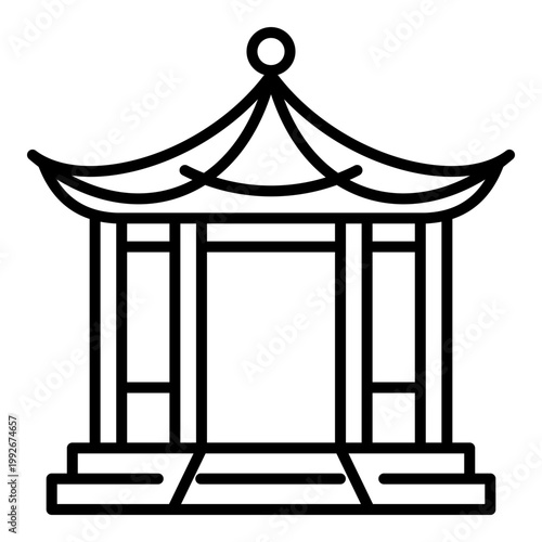 Pavilion gazebo icon, symbolizing park shelter, traditional outdoor structure, relaxation, and public garden architecture. Elegant line outline vector for landscape and recreation design.