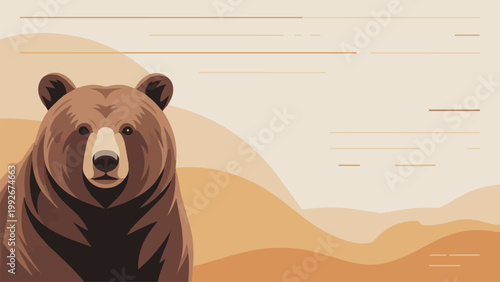 Brown bear wildlife vector illustration in warm earthy landscape, detailed flat style animal portrait with mountains and abstract background, modern design with copy space.