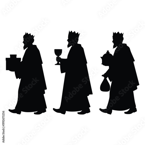 Three wise men silhouettes walking with gifts towards baby jesus nativity scene christmas religious celebration.