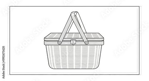 Wicker Picnic Basket with Lid and Handle, Vintage Style, Hand-Drawn Illustration