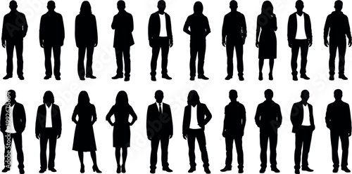 Set of vector silhouettes of diverse professional men and women standing in casual and business attire on a white background.