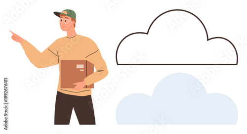 Delivery services, cloud storage, logistics, digital connection, online data, storage systems. A courier holding a package and pointing at cloud icons. Delivery services and cloud storage concept