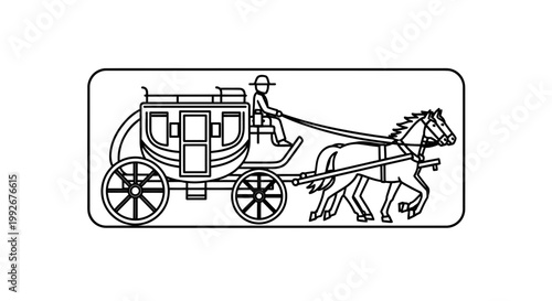 Vintage Stagecoach Carriage Pulled by Horse with Driver, Retro Transport Illustration