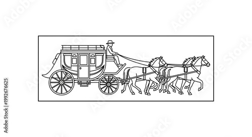 Vintage Stagecoach Pulled By Four Horses, Old West Transportation, Black and White Line Art