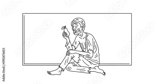 Starving man holding a pear, skeletal figure, poverty, hunger, despair, black and white line art
