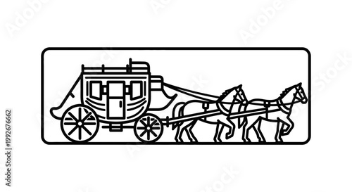 Vintage Stagecoach with Horses, Classic Transport Illustration, Black and White Line Art