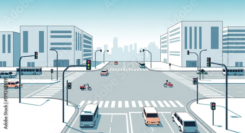 City street intersection with traffic and buildings.