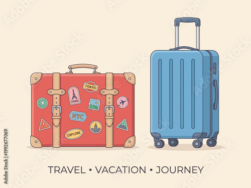 Flat Travel Suitcase Illustration with Vintage and Modern Luggage Design
