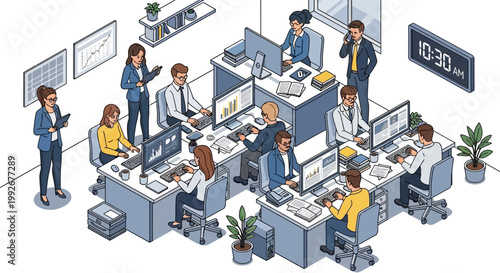 People working in an office with computers and charts.