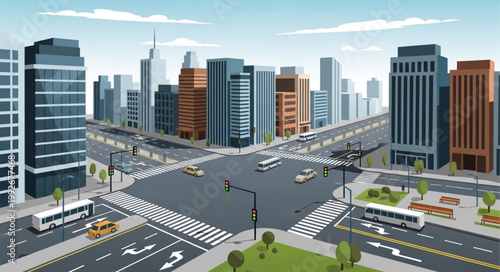 Busy city intersection with skyscrapers and traffic.