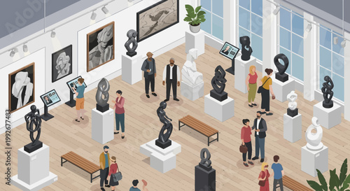 People exploring an art gallery with sculptures and paintings on display.