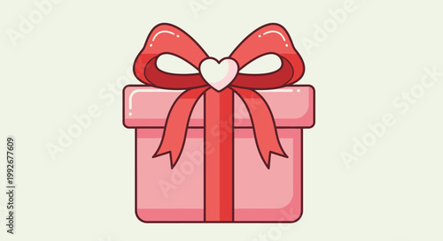 Pink gift box with red ribbon.