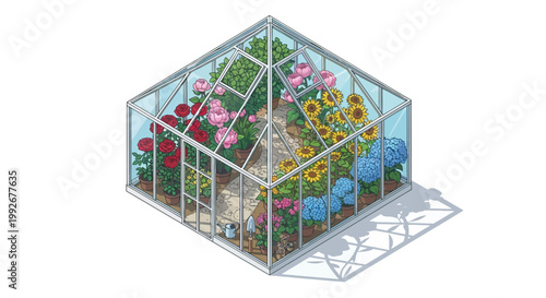 Greenhouse with colorful flowers inside.