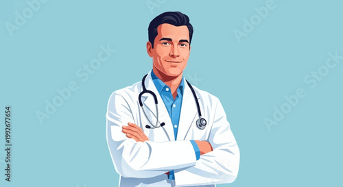 Confident Male Doctor Wearing White Coat and Stethoscope.