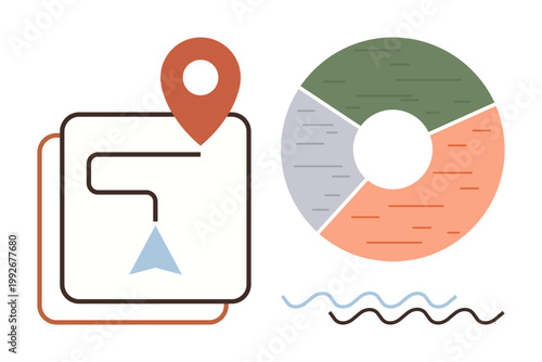 Data analysis, navigation tools, business strategy, infographic design, geography education, research visuals. Map path with a location marker and pie chart. Data analysis and navigation tools