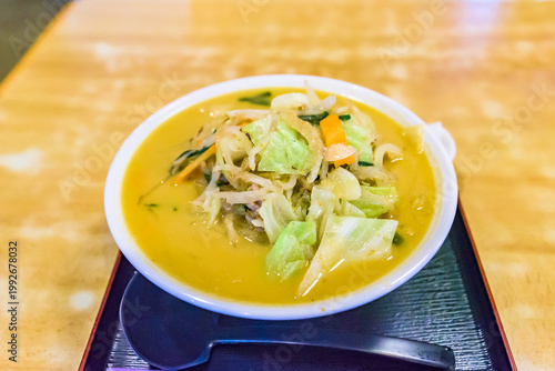 Hot miso flavored Kitakata ramen, traditional Japanese noodle dish from Fukushima