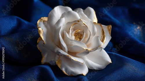 Close-up of a white silk rose against a deep royal blue velvet background. Gold foil accents. Luxurious 3D sculptural relief