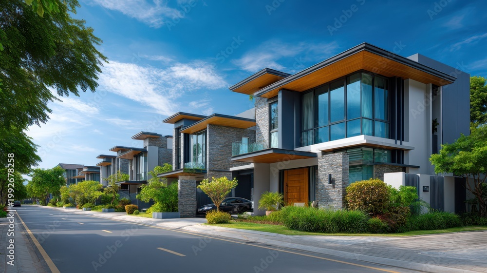 Fototapeta premium Modern suburban houses with large glass windows line a clean, tree-lined street under a clear blue sky.