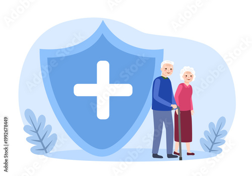 Senior couple with medical insurance shield guard and insurance policy for health protection. Medical and healthcare insurace for elderly concept