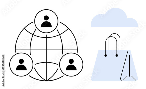 Online shopping, networking, digital commerce, cloud services, e-commerce platforms, and global connectivity. A globe links people while a shopping bag and cloud icon e-commerce. Networking