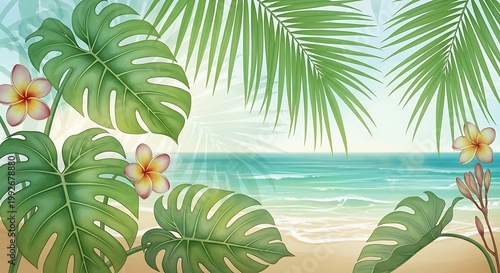 Tropical beach scene with palm leaves and plumeria flowers on sandy shore by turquoise sea