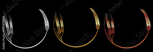 黒背景に映える麦の穂の円形フレームデザイン、ナチュラルで高級感のある農業・食品ブランド向け装飾ロゴ素材セット