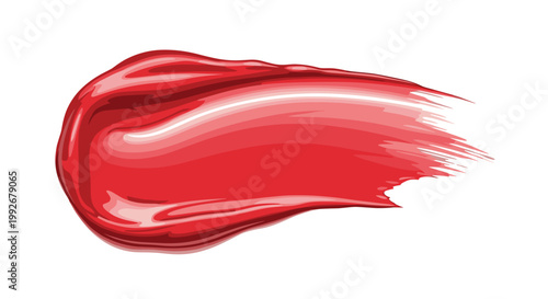 Vibrant red lipstick smear on a white background, showcasing glossy texture and artistic brushstroke detail