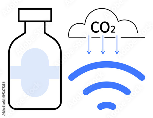 Environmental sustainability, carbon capture, communication technology, digital monitoring, eco-friendly innovation, science and research. Bottle and CO2 cloud with wireless signal. Environmental