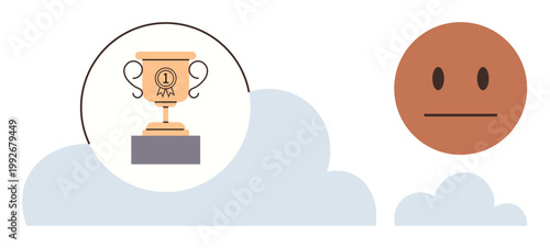 Recognition, emotional balance, personal achievement, competition, self-reflection, motivation. Neutral face and trophy in a stylized backdrop with clouds. Recognition and emotional balance idea