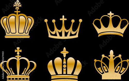 王室の威厳を表現したゴールドクラウンコレクション　シンプルから装飾的まで揃った高級王冠シルエットベクター素材