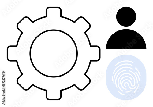 Digital security, biometric access, authentication, technology, user identity, information management. A gear, user silhouette and fingerprint icon. Digital security and biometric access