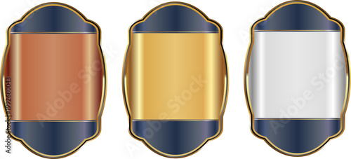 縦型クラシックラベルフレームとメタリック帯デザインの高級テンプレートセット（ブロンズ・ゴールド・シルバーの光沢背景）