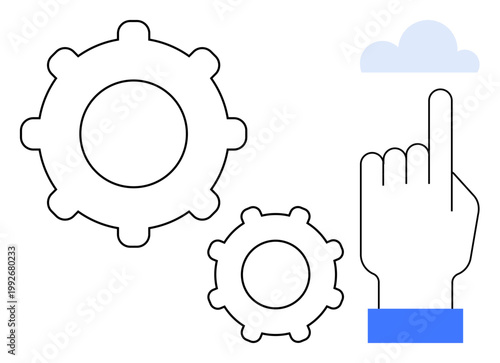 Technology, automation, cloud computing, workflow, innovation, user interface. Two gears and a hand pointing to a cloud. Cloud computing and automation concept