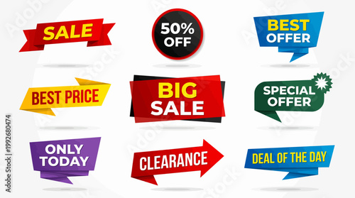 Collection of vibrant vector graphic illustrations featuring sale, discount, and offer badges for retail promotions.
