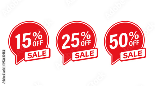 A vibrant vector illustration set featuring bright red promotional discount tags displaying fifteen twenty five and fifty percent off for retail sales