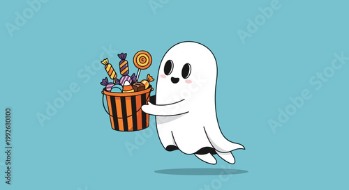 Cute cartoon ghost holding a bucket of Halloween candy.
